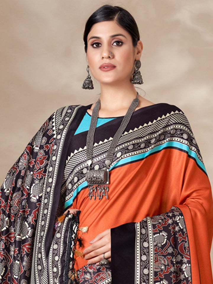 Adorable Orange Digital Printed Pashmina Event Wear Saree With Shawl