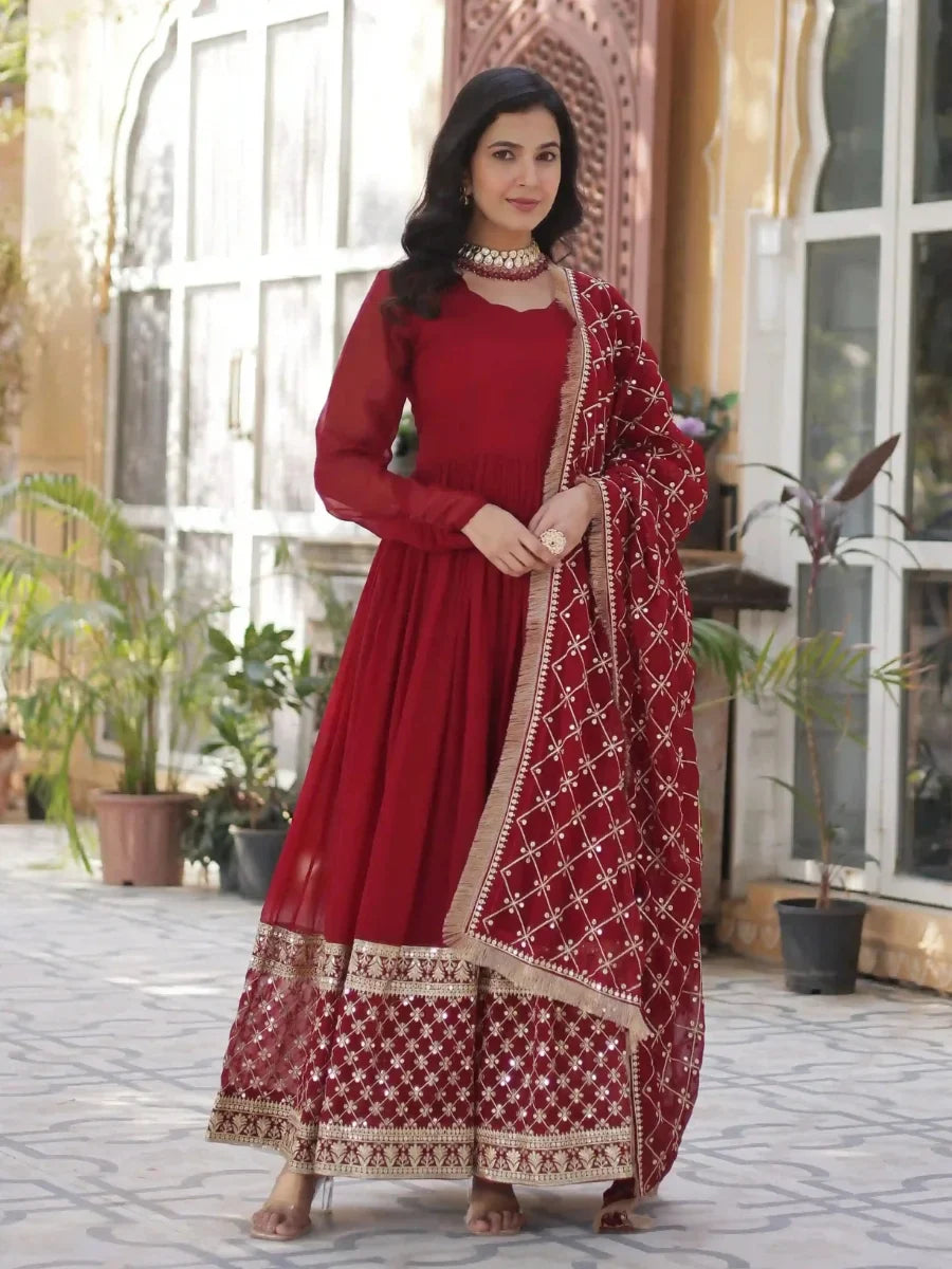 Detail view cotton material Anarkalili red embroidered Anarkalili suit.