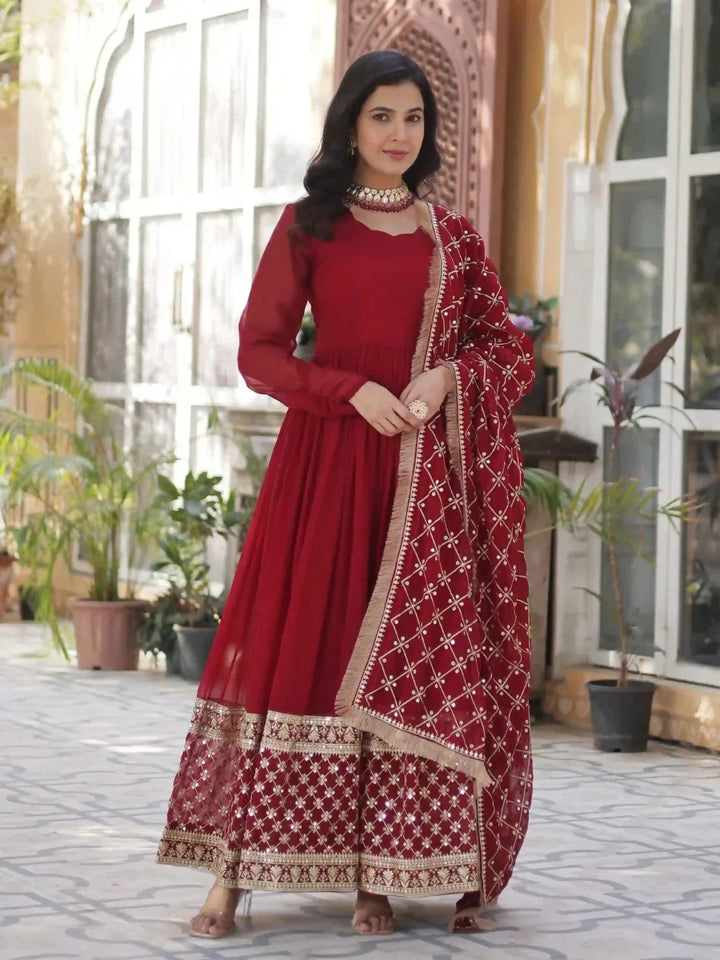 Detail view cotton material Anarkalili red embroidered Anarkalili suit.