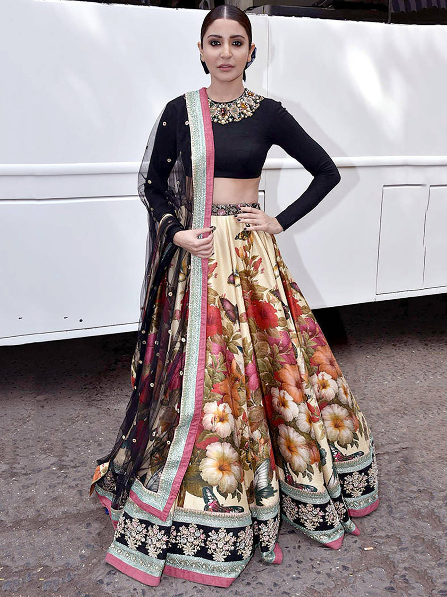 Beautiful Cream Floral Printed Silk Wedding Lehenga Choli With Dupatta