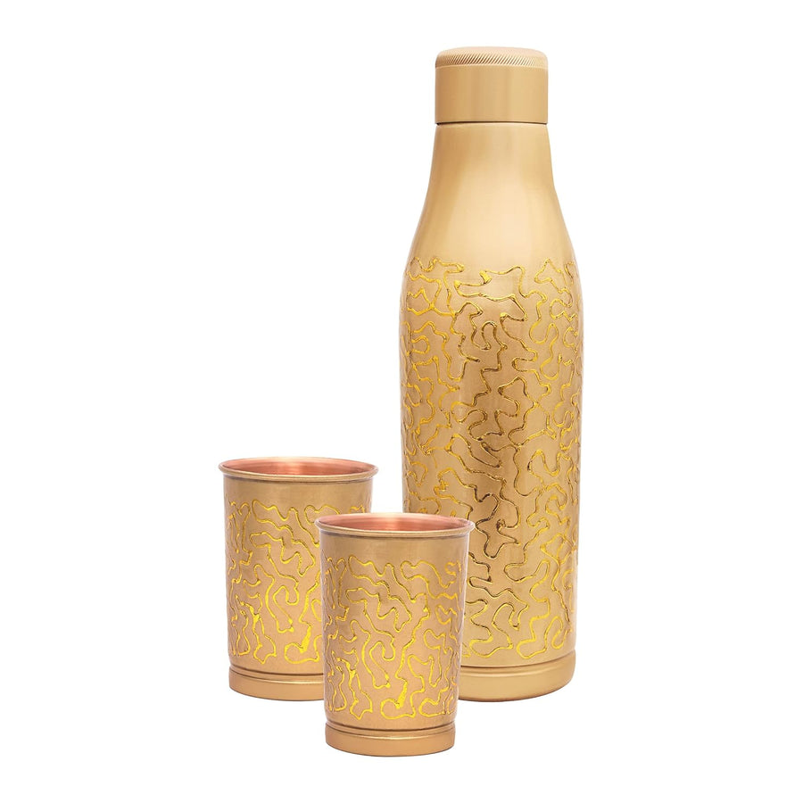 Attro Amulya 1 Liter Elegant Designer Celebrations Copper Water Bottle with Glass Set - SilverBin