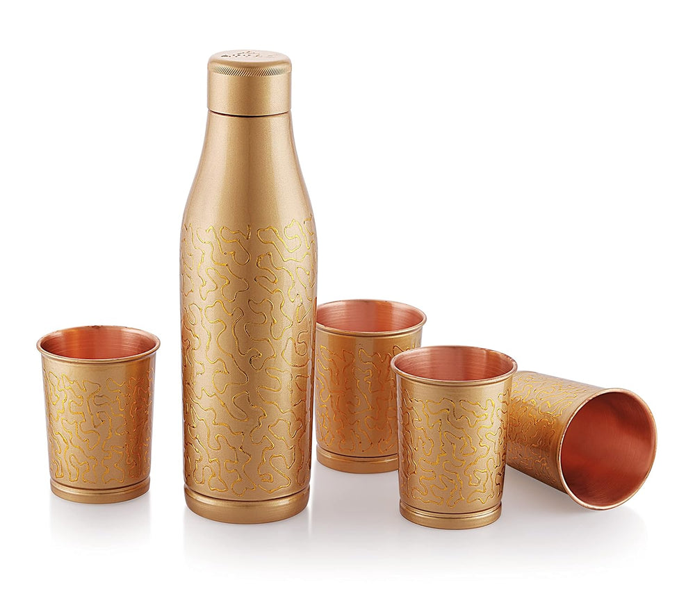 Attro Amulya 1 Liter Elegant Designer Celebrations Copper Water Bottle with Glass Set - SilverBin
