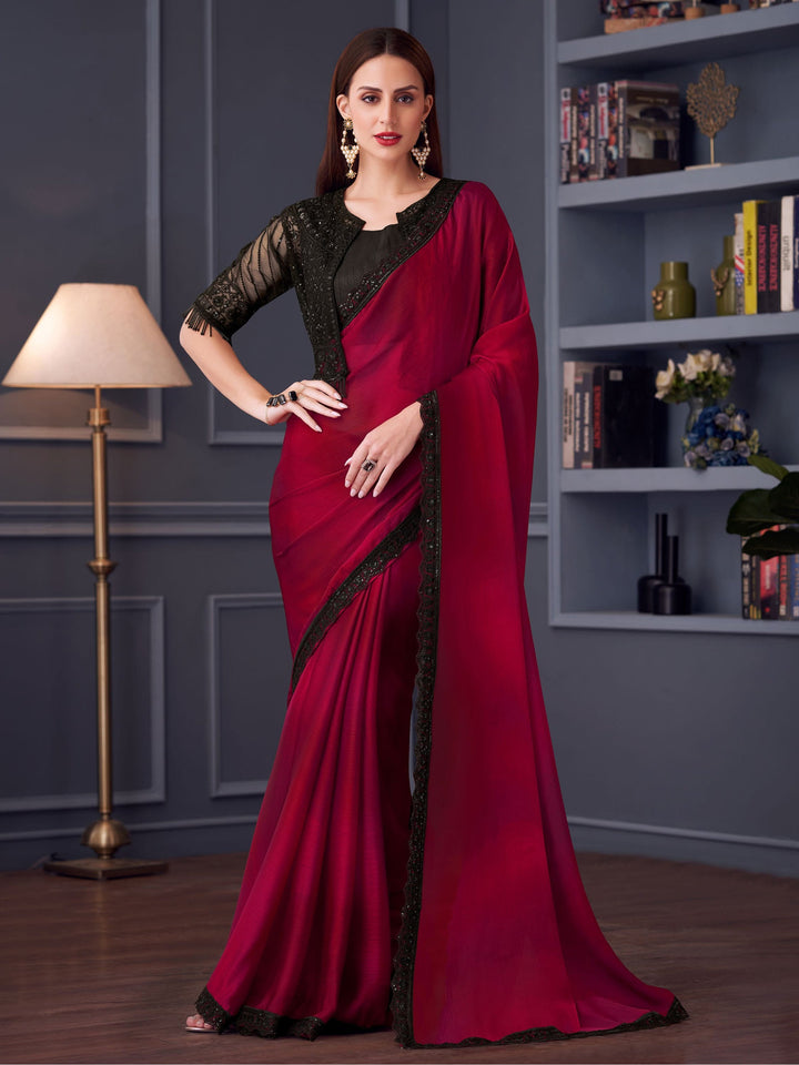 Awesome Red Sequins Chiffon Saree with Blouse