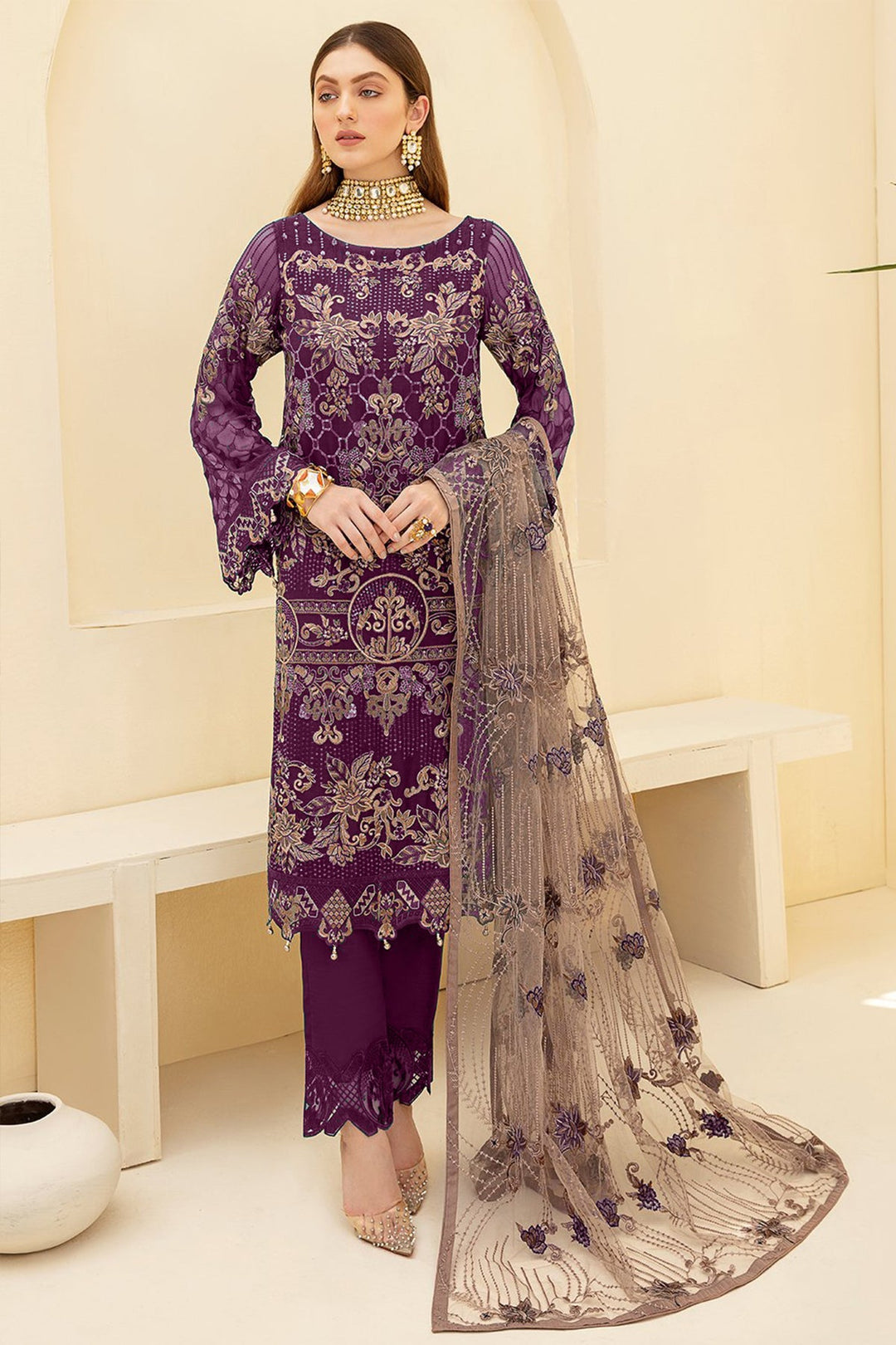 Elegant Wine Georgette Suit | Classic Kameez with Flowing Dupatta