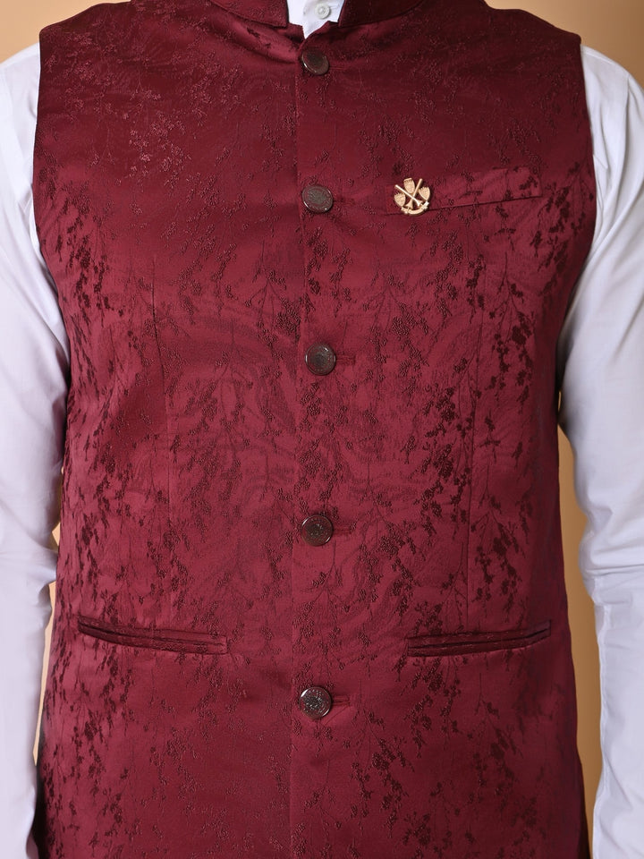 Textured Maroon Bandhgala Jacket | Self Design Cotton Blend Festive Wear
