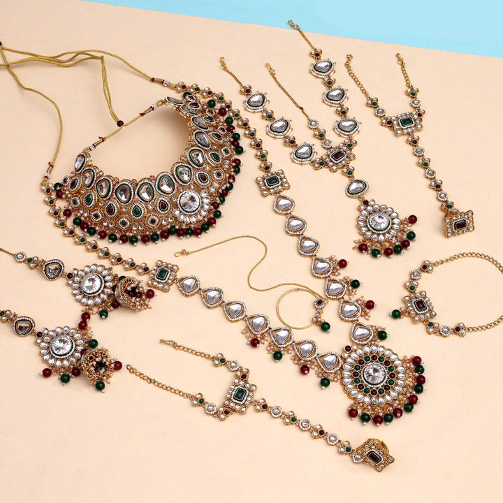 Meena Work Kundan Bridal Set | Maroon & Green Dulhan Jewelry