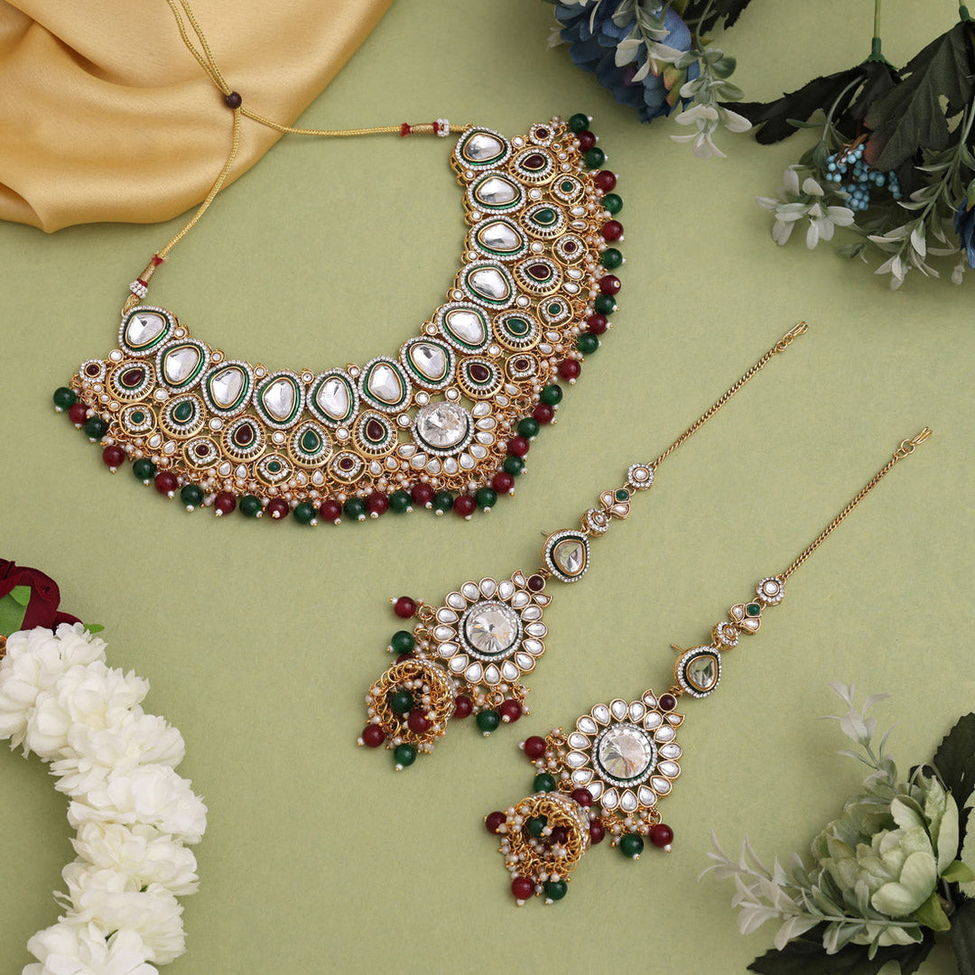Meena Work Kundan Bridal Set | Maroon & Green Dulhan Jewelry