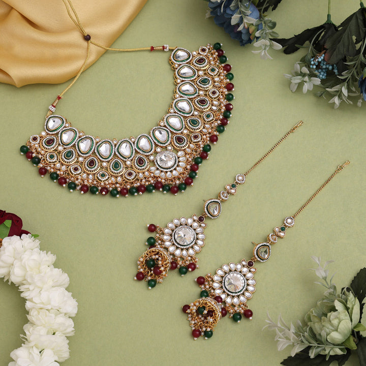 Meena Work Kundan Bridal Set | Maroon & Green Dulhan Jewelry