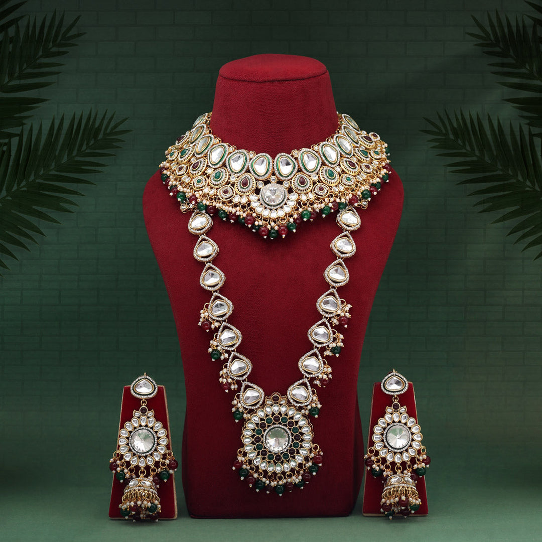 Meena Work Kundan Bridal Set | Maroon & Green Dulhan Jewelry