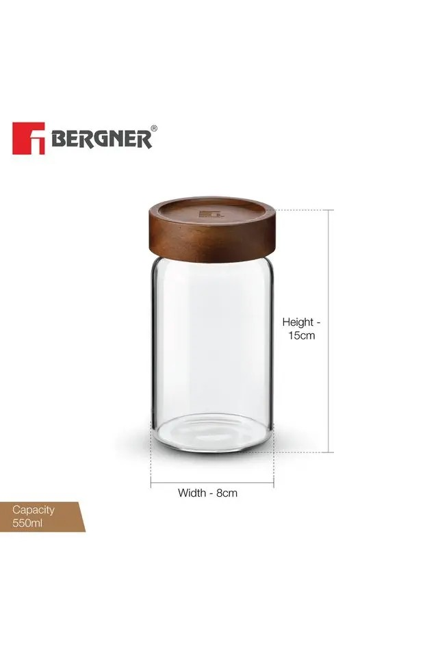 Bergner Acadia Glass Jar | Borosilicate Container Airtight Wood Lid