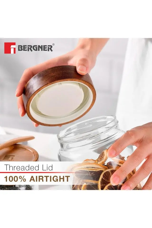 Bergner Acadia Glass Jar | Borosilicate Container Airtight Wood Lid