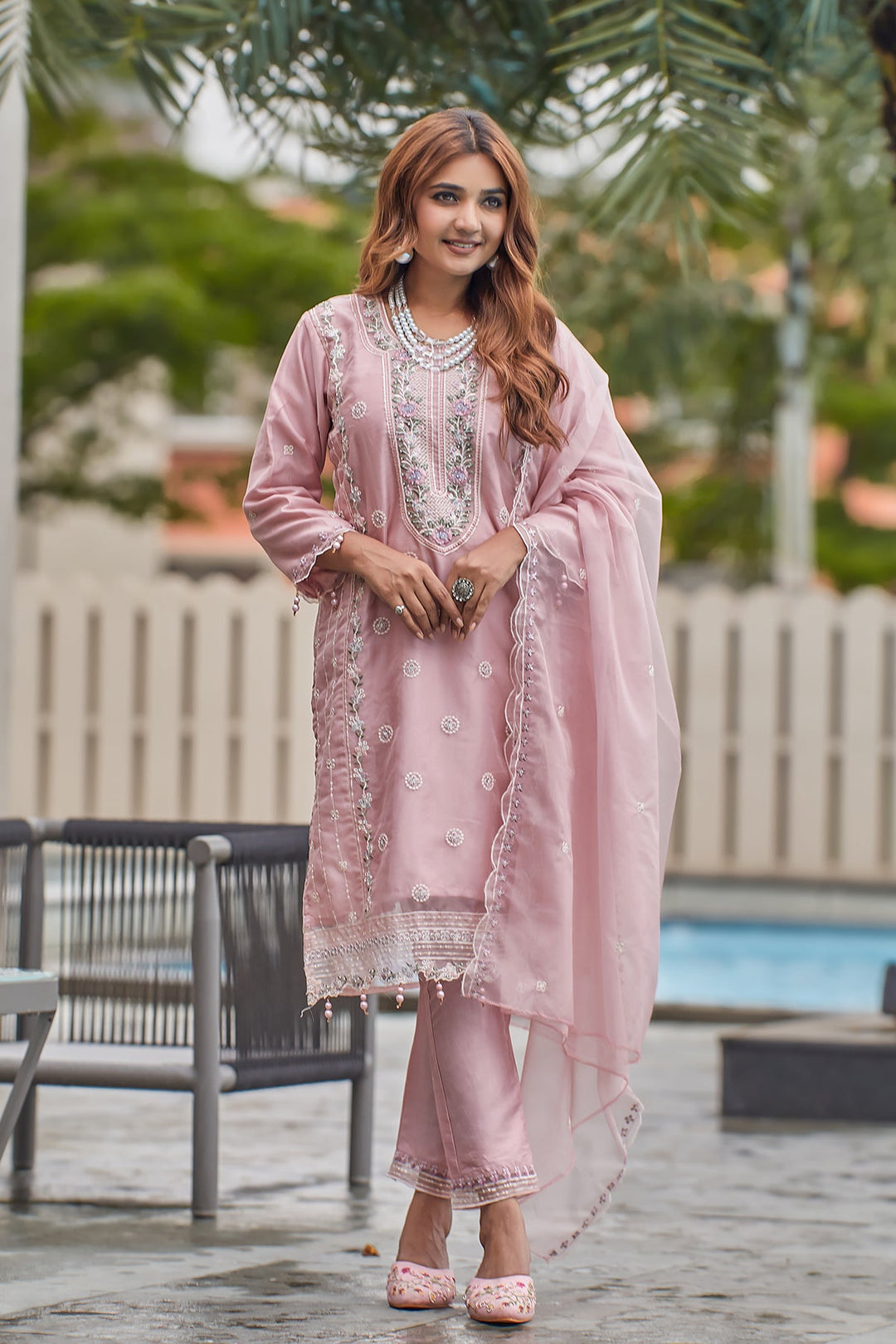 Chic Pink Organza Suit | Sophisticated Ethnic Wear for Women