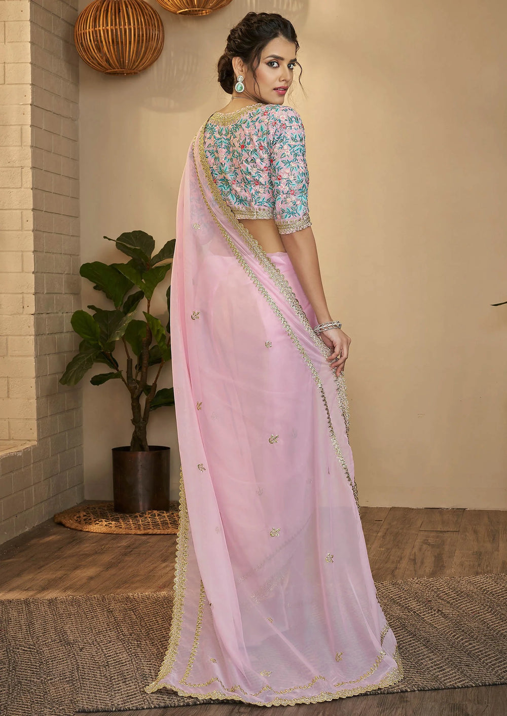 Baby Pink Organza Saree with Matching Blouse

