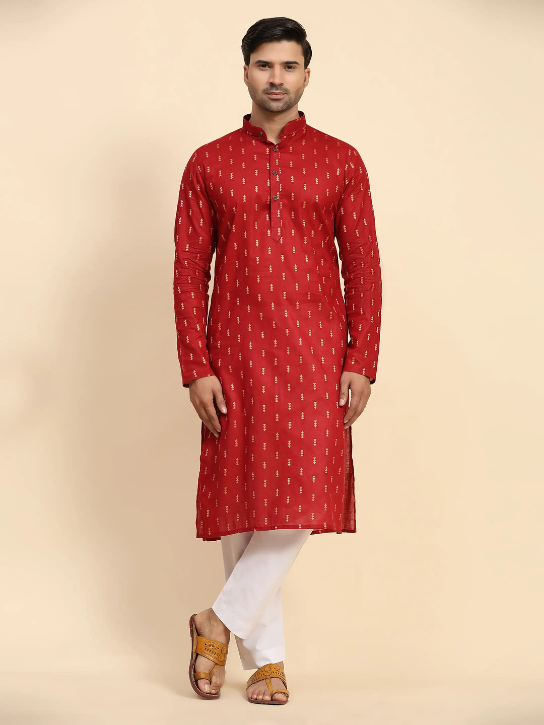 Red Pure Cotton Men's Kurta | Ethnic Kurta Design Handwoven Motifs