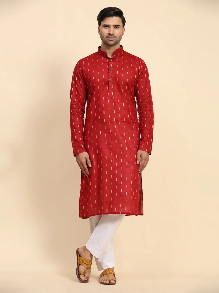 Red Pure Cotton Men's Kurta | Ethnic Kurta Design Handwoven Motifs