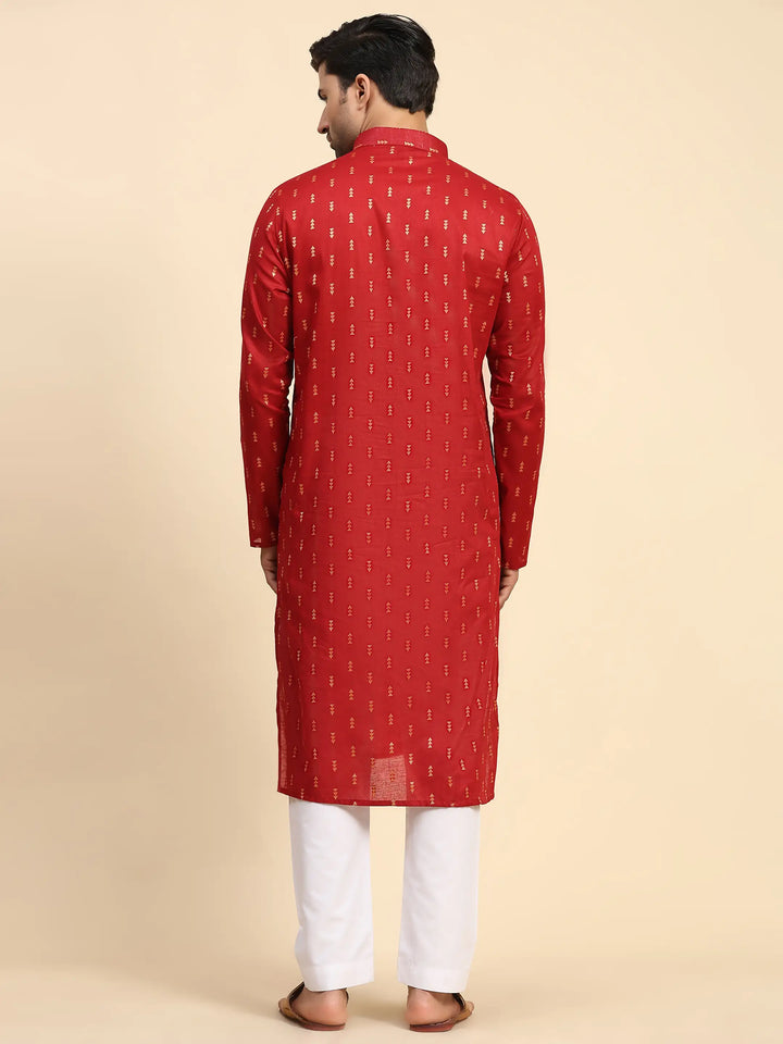 Red Pure Cotton Men's Kurta | Ethnic Kurta Design Handwoven Motifs