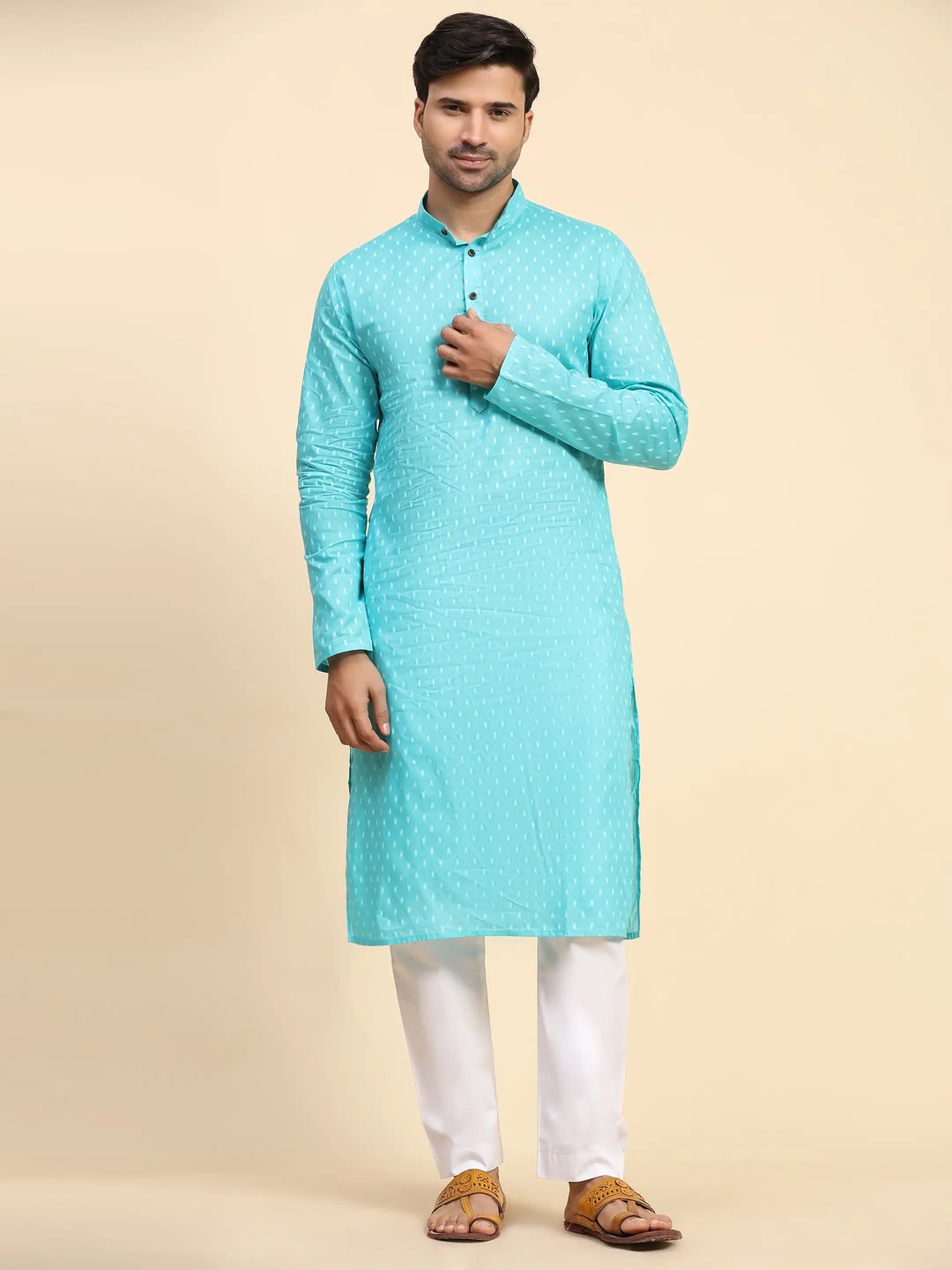 Cyan Blue Kurta Set for Men | Embroidered Kurta Pajama for Festive Wear