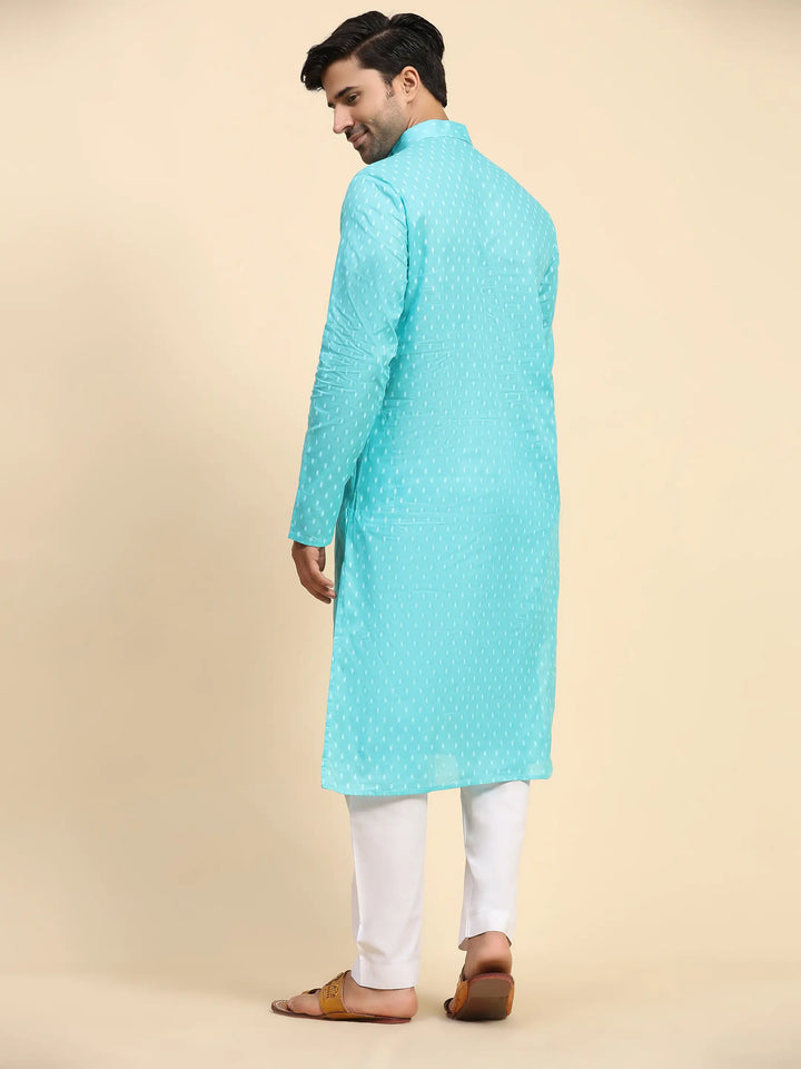 Cyan Blue Kurta Set for Men | Embroidered Kurta Pajama for Festive Wear