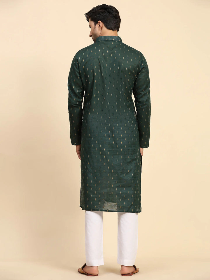 Dark Green Kurta Set for Men | Handwoven Motif Festive Ethnic Wear