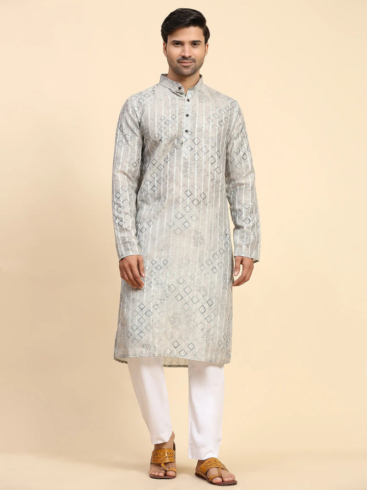 Geometric Print Grey Kurta Set | Men’s Traditional Festive Wear