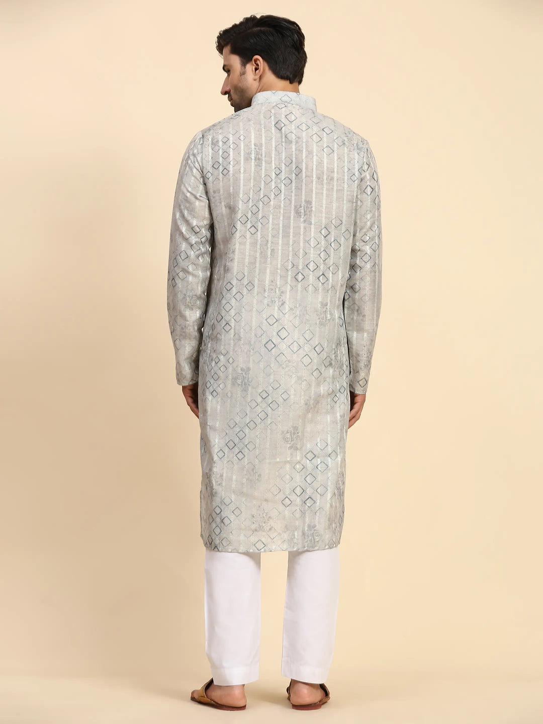 Geometric Print Grey Kurta Set | Men’s Traditional Festive Wear