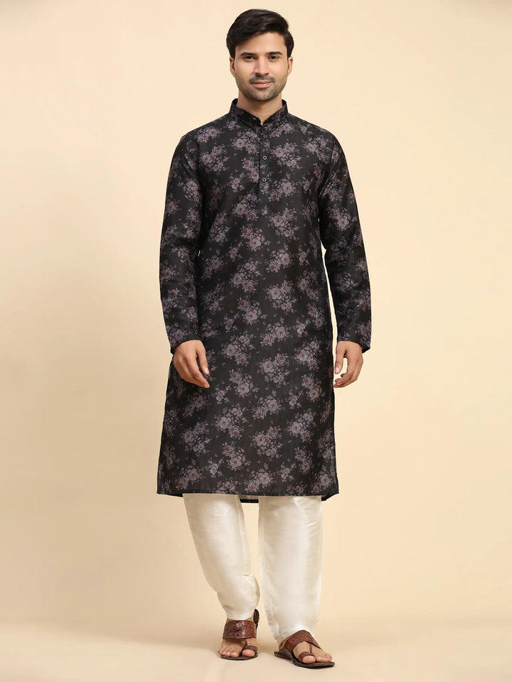 Black Midnight Blossom Kurta Pajama Set for Men | Sangeet & Festive Wear