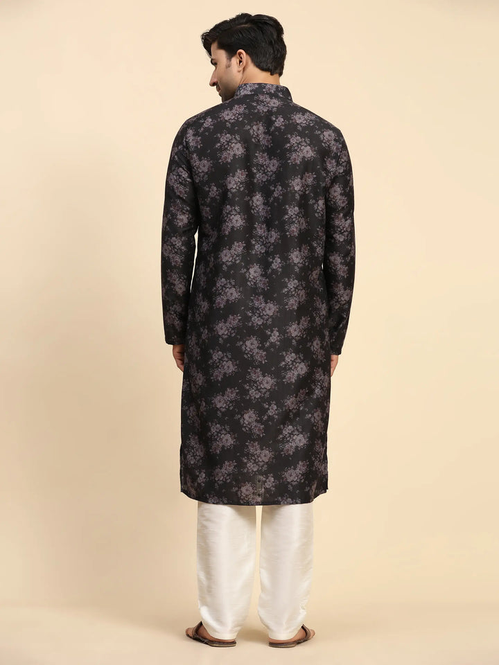 Black Midnight Blossom Kurta Pajama Set for Men | Sangeet & Festive Wear