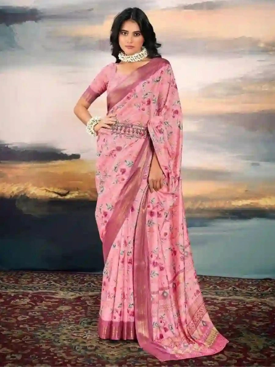 Beautiful Pink Cotton Silk Saree with Zari & Digital Print Details