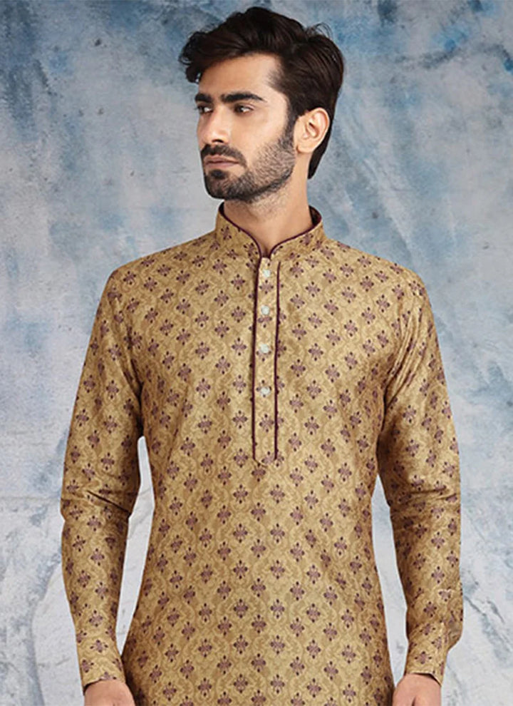Beige Banarasi Silk Kurta Pajama | Traditional Wear Printed Work Design