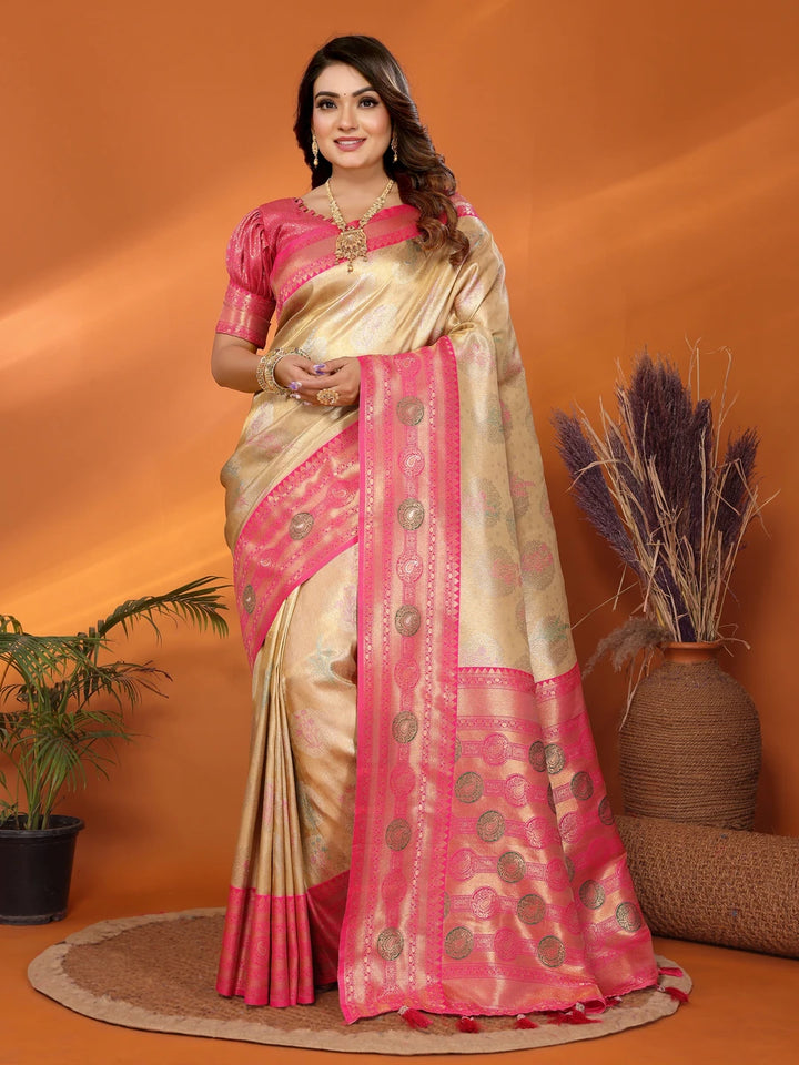Beige Banarasi Tissue Silk Saree with Paithani Design