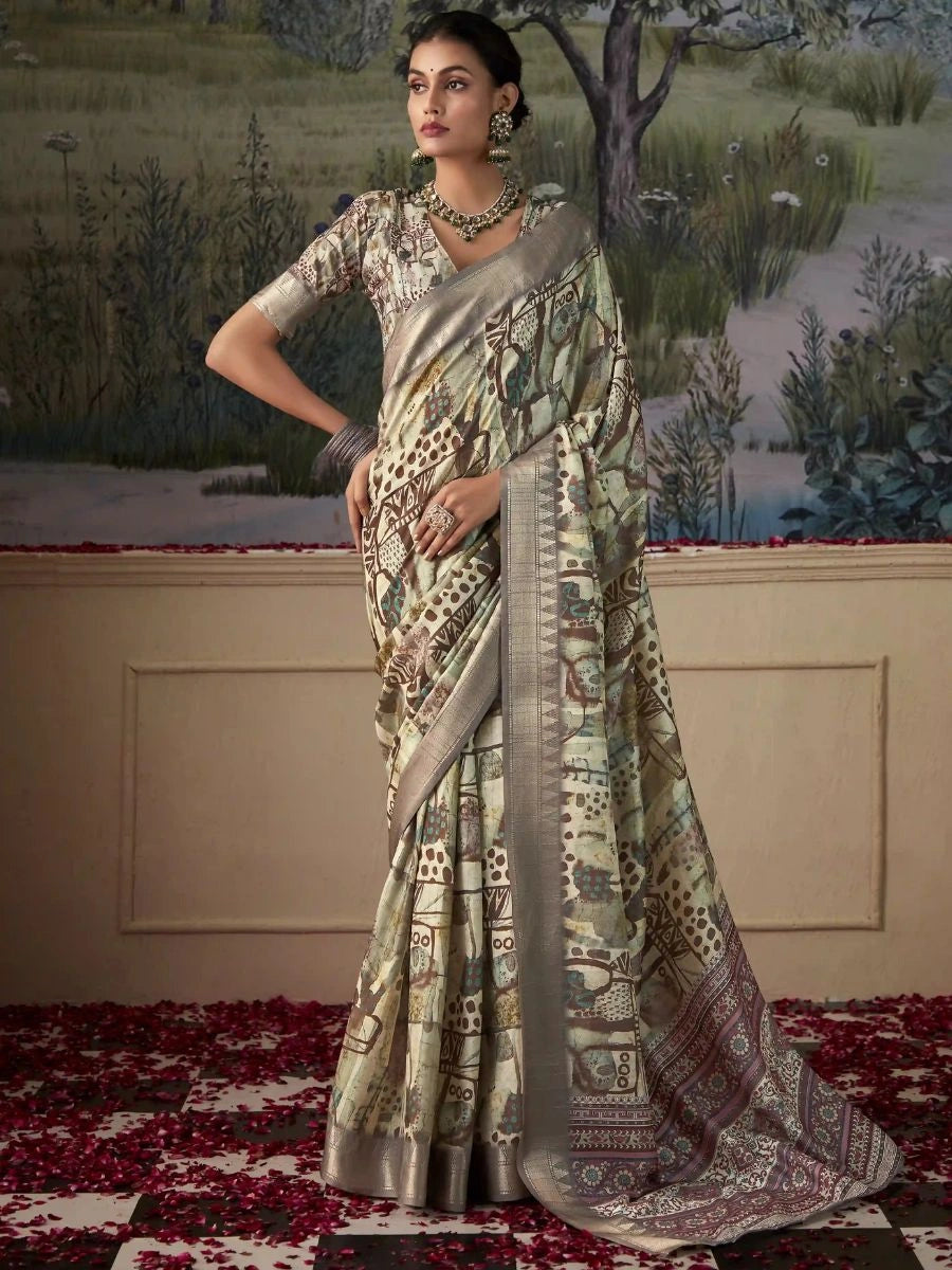 Beige Digital Print Art Silk Saree with Zari Border – SilverBin