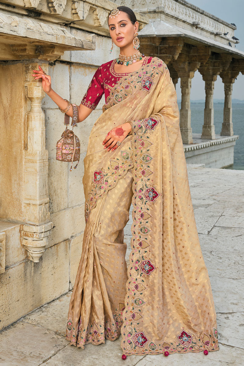 Beige Kanjivaram Silk Saree with Zari Moti Mirror Embroidery