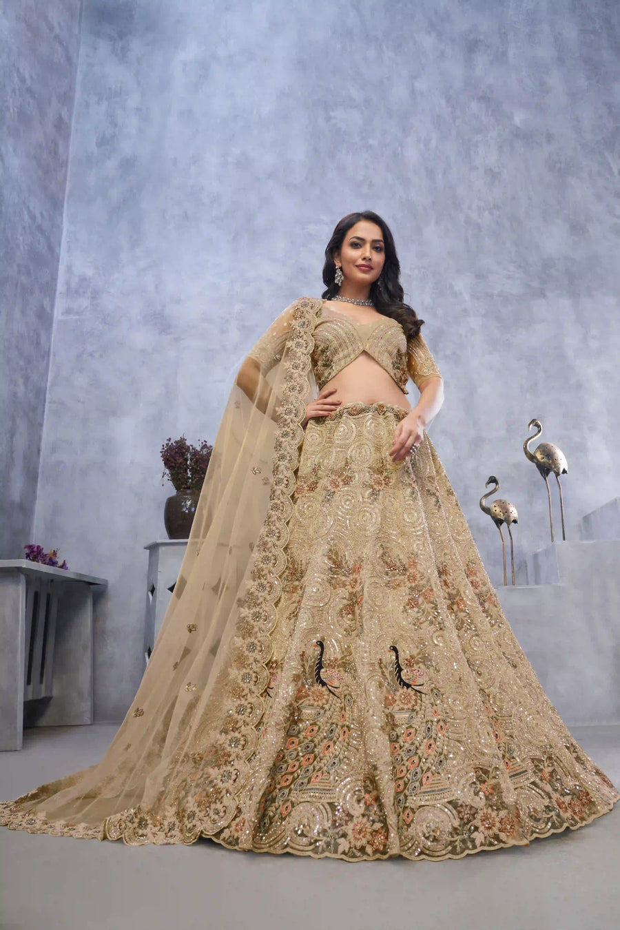 Beige Soft Net Lehenga Choli for Weddings | SilverBin