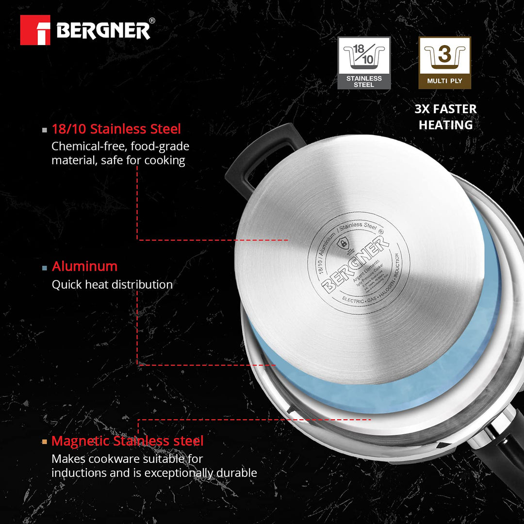 Bergner Argent 3.5L Triply Stainless Steel Pressure Pan | Safe Cooking
