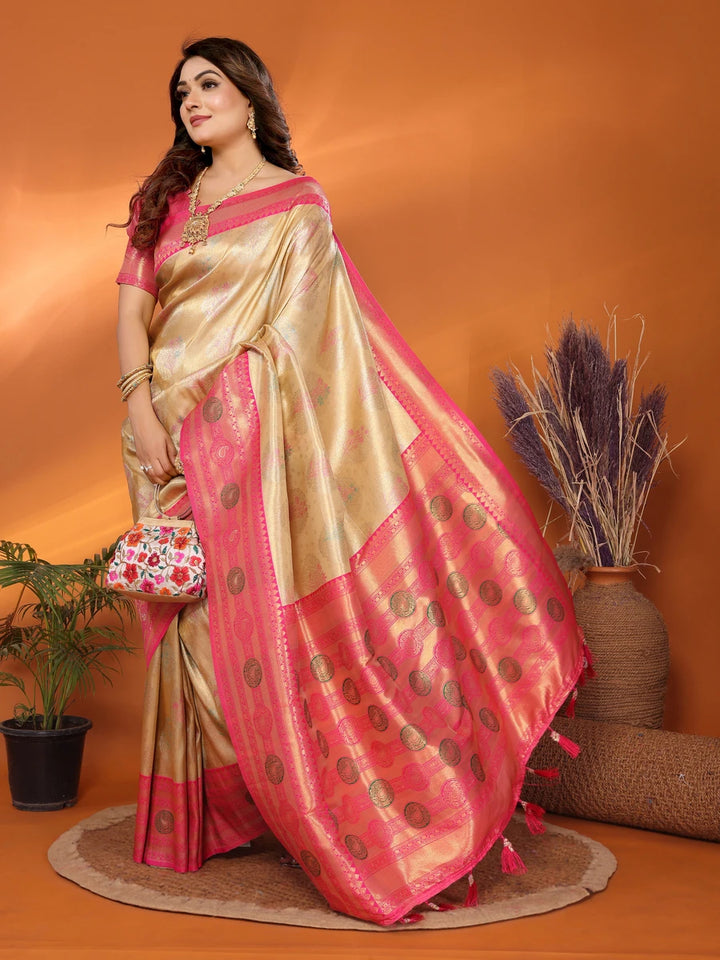 Best Beige Banarasi Tissue Silk Saree with Paithani Design