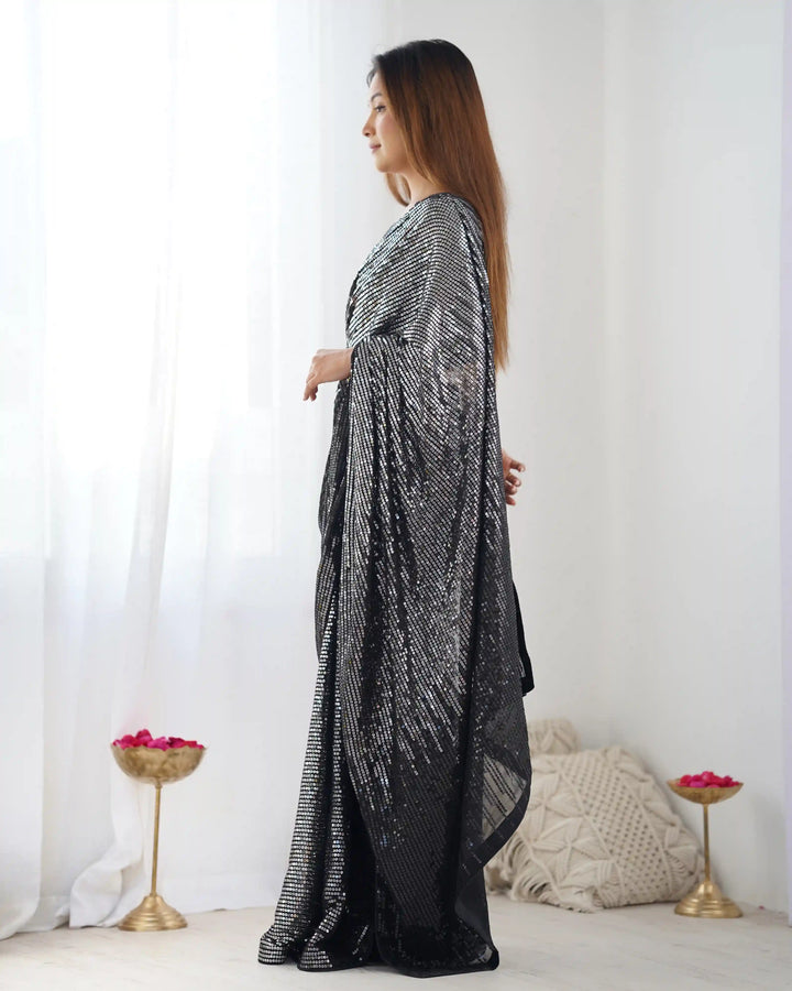 Buy Black Beauty Georgette Saree – Designer Sequins Embroidery & Glossy Blouse