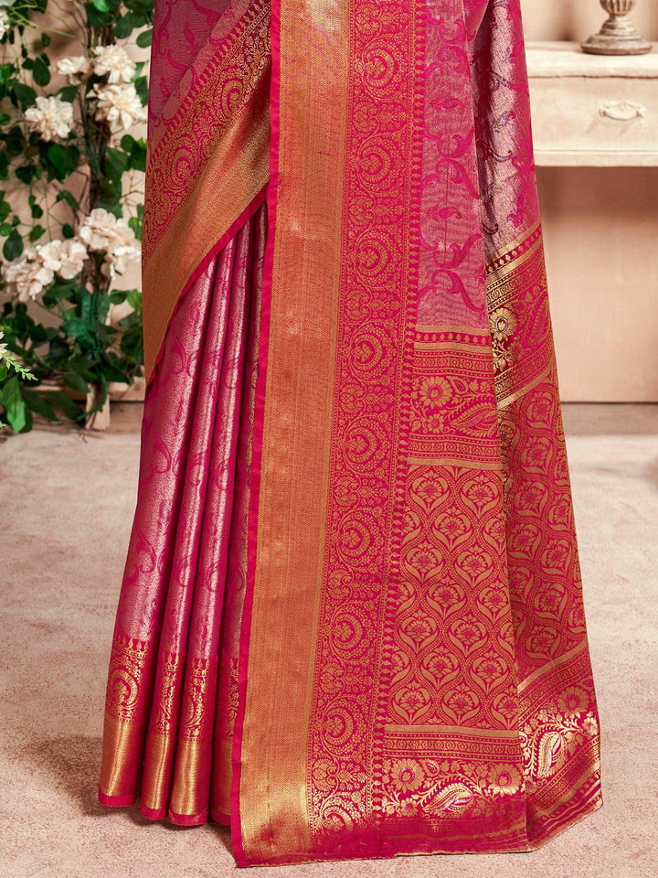 Best Bright Pink Zari Weaving Silk Saree with Blouse