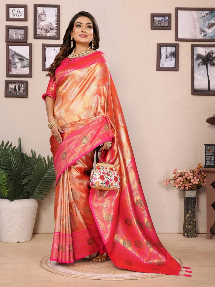 Best Coral Orange Banarasi Tissue Silk Saree with Paithani Design
