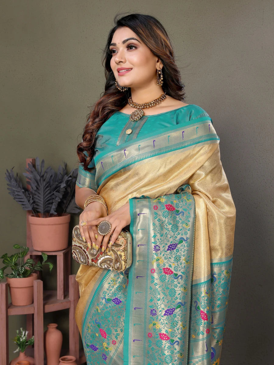 Best Cream Luxurious Banaras Tissue Silk Saree with Paithani Designer Work Blouse
