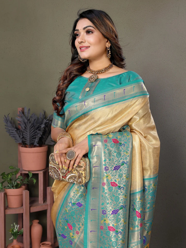 Best Cream Luxurious Banaras Tissue Silk Saree with Paithani Designer Work Blouse
