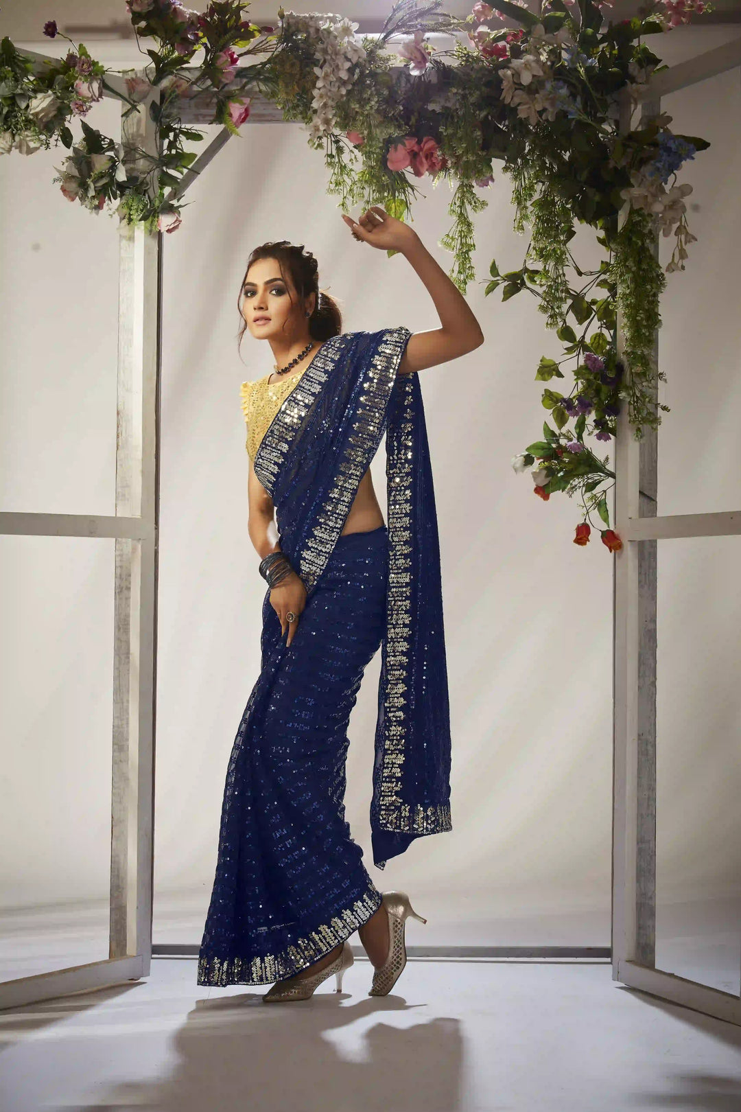 Best Dark Blue Georgette Saree with Heavy Sequin Embroidery