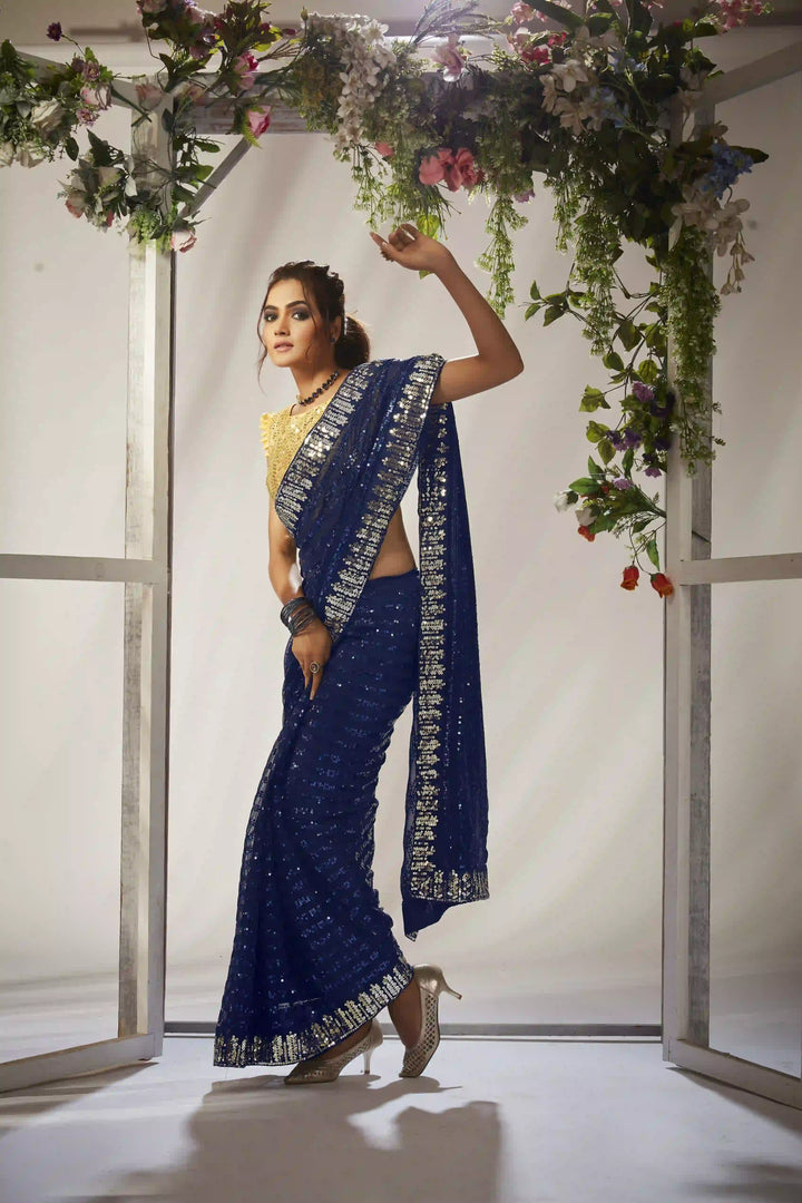 Best Dark Blue Georgette Saree with Heavy Sequin Embroidery