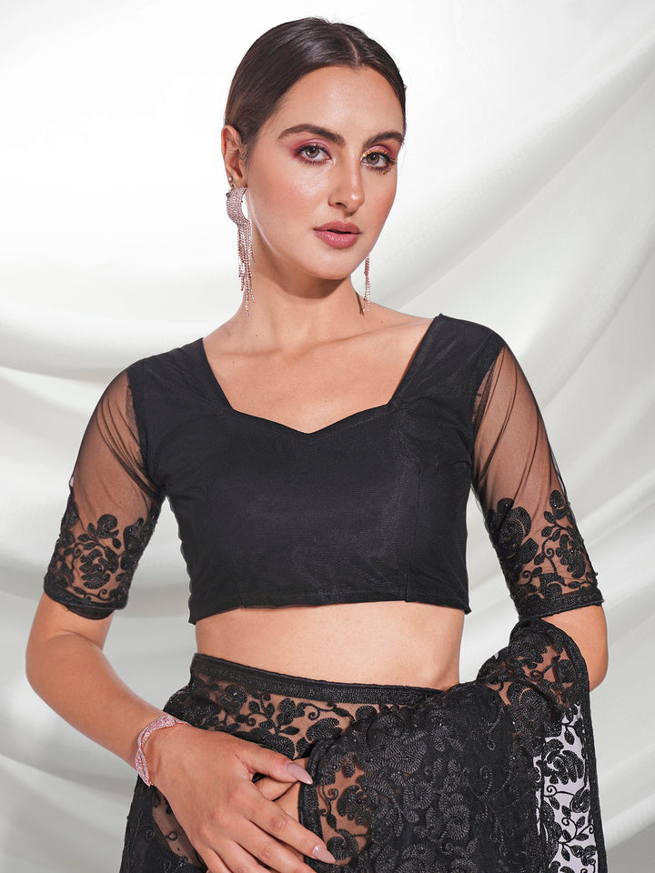Best Elegant Black Soft Net Saree with Thread Embroidery & Diamond Work