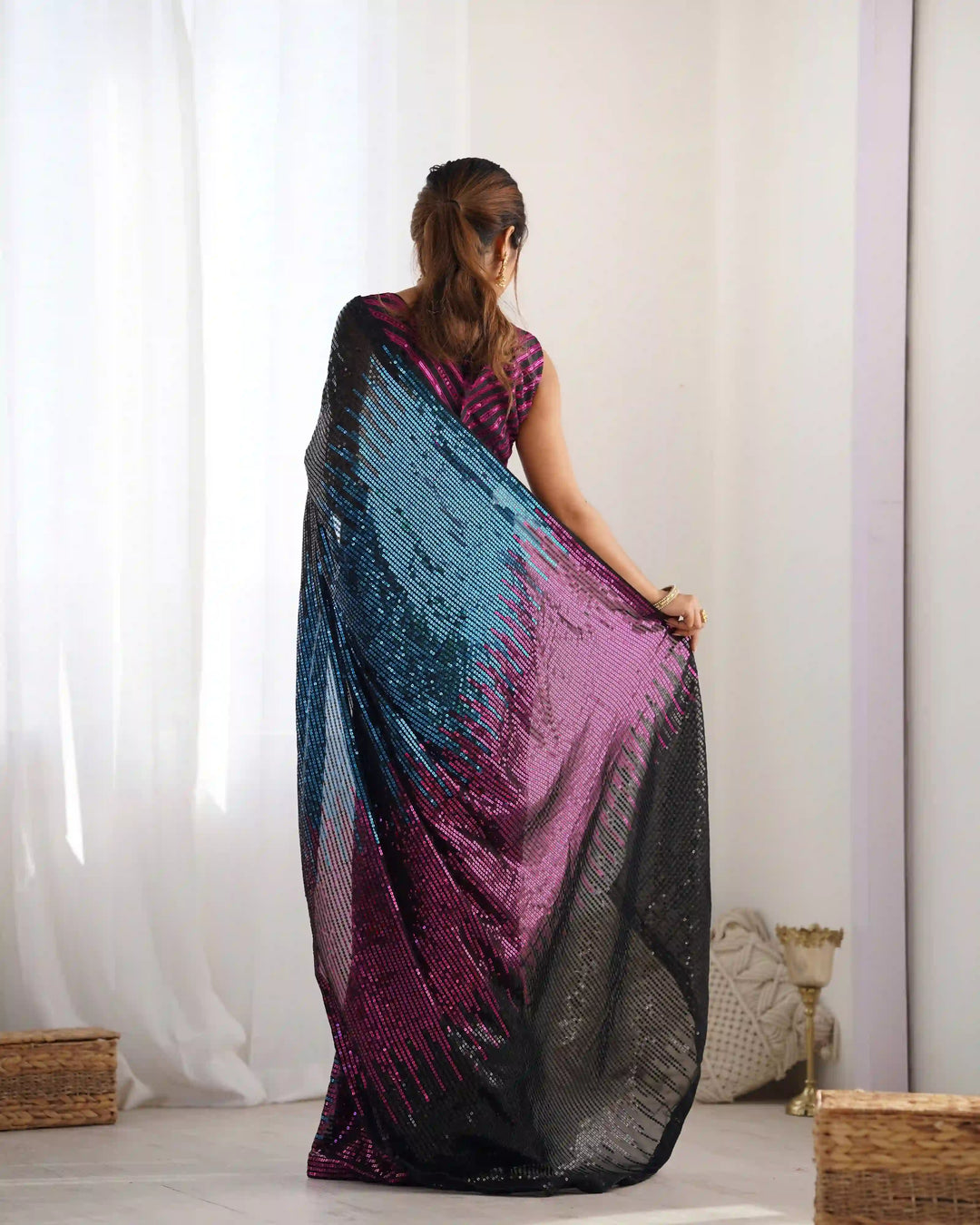 Buy Elegant Multicolor Georgette Saree with Designer Sequins Embroidery