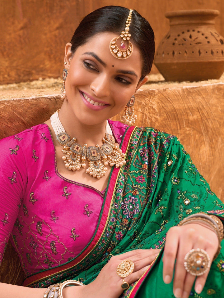 Best Enticing Green Mirror Work Banarasi Silk Saree with Blouse
