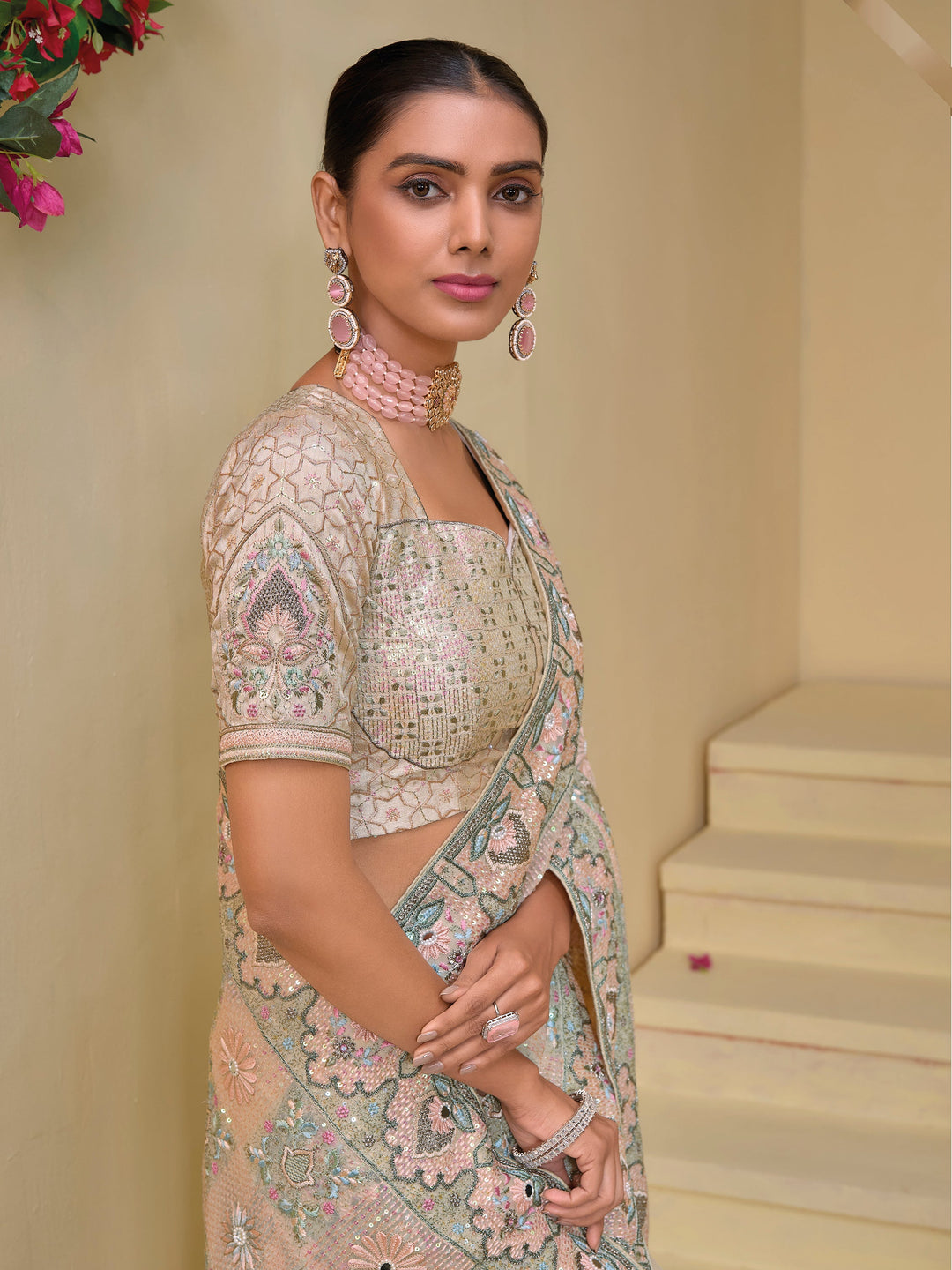 Best Fabulous Cream Sequins Organza Wedding Wear Saree with Blouse
