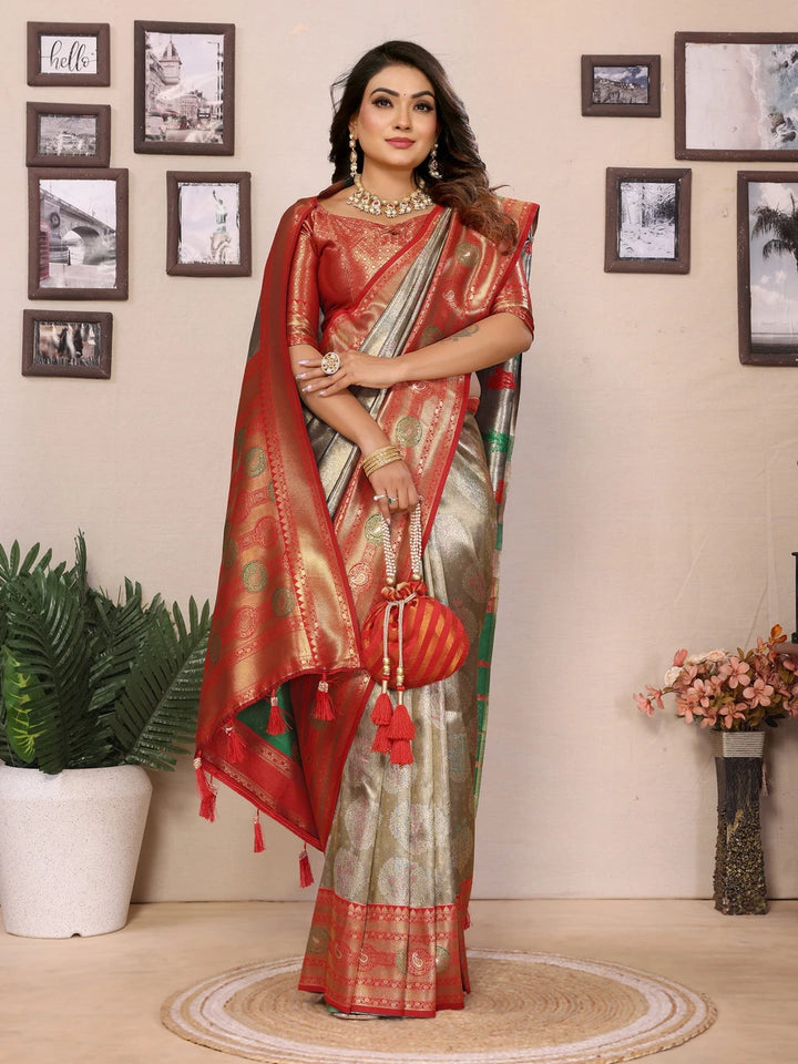 Best Gray Banarasi Tissue Silk Saree with Paithani Design
