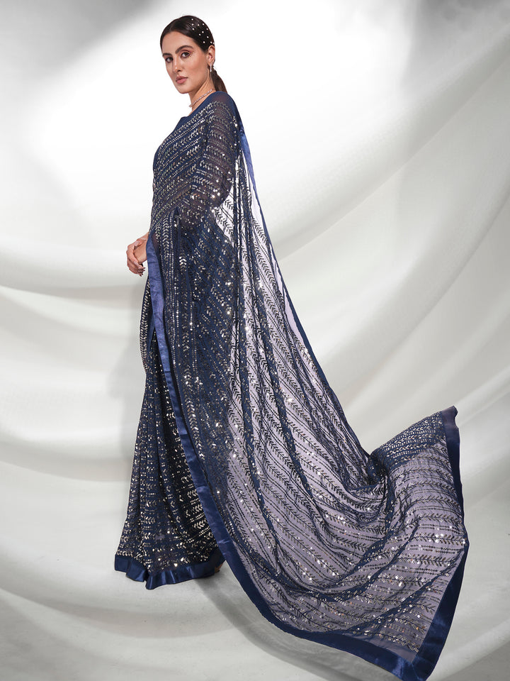 Best Heavy Designer Blue Georgette Saree with Embroidery