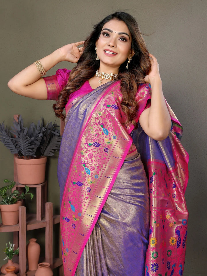 Best Lavender Luxurious Banaras Tissue Silk Saree with Paithani Designer Work Blouse
