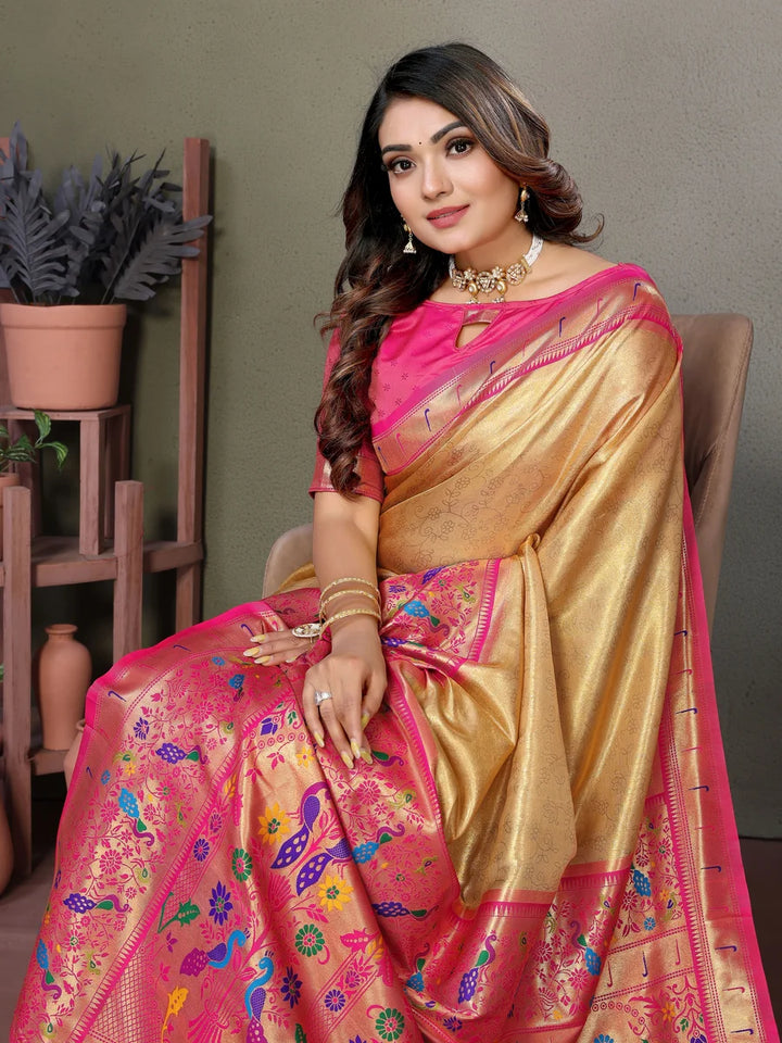Best Light Yellow Luxurious Banaras Tissue Silk Saree with Paithani Designer Work Blouse
